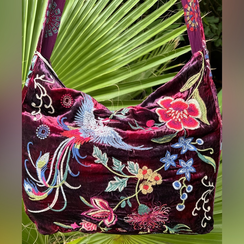 Johnny Was Floral Embroidered Velvet Tote - Burgundy and Multicolor